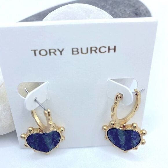 NWOT Tory Burch Gold Drop Blue Lapis Heart Earrings - Picture 5 of 7